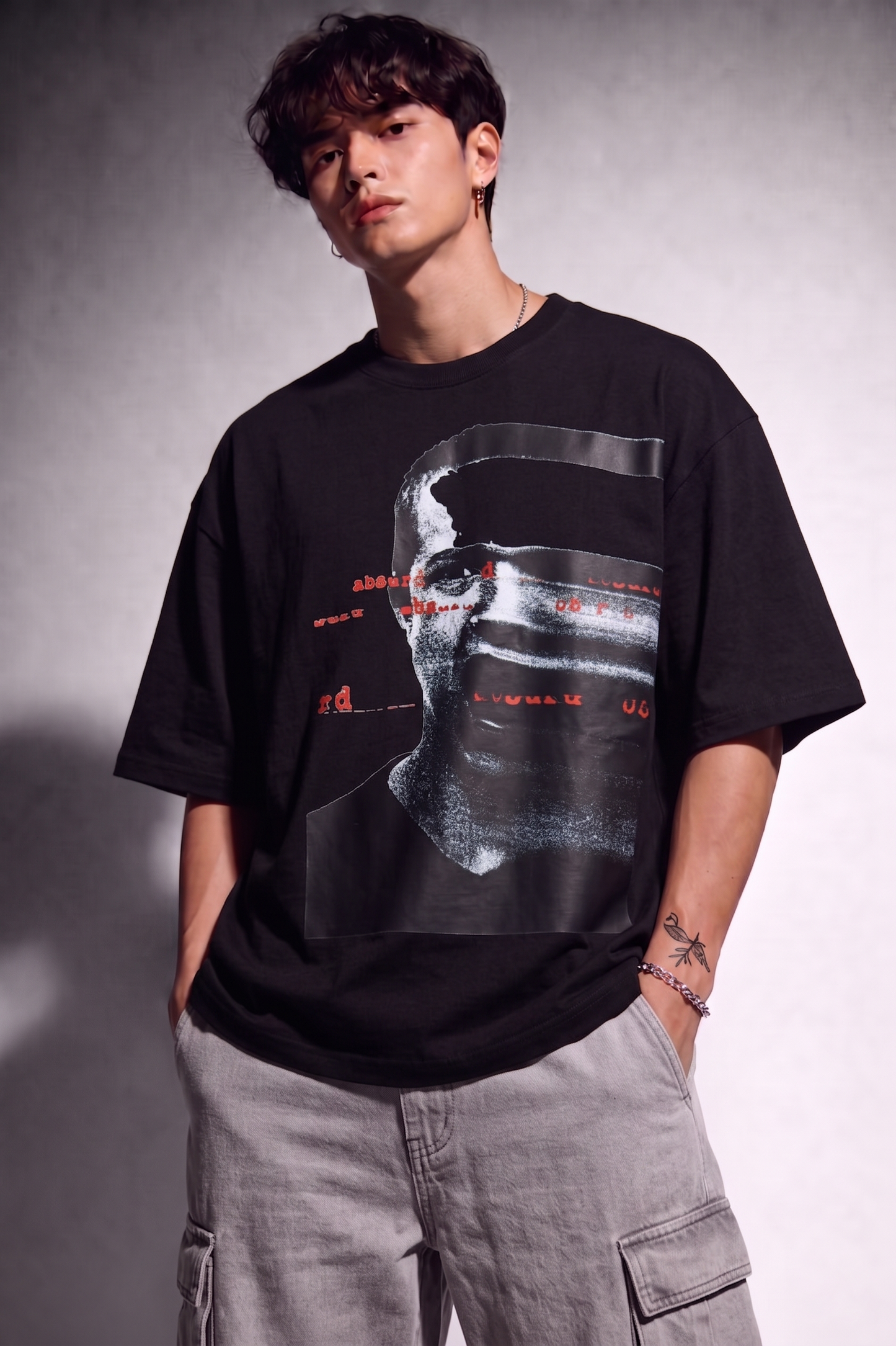 Cool Bee Glitch Portrait Tee Black for Men - Black Oversized Graphic Tee Streetwear India - Lifestyle View
