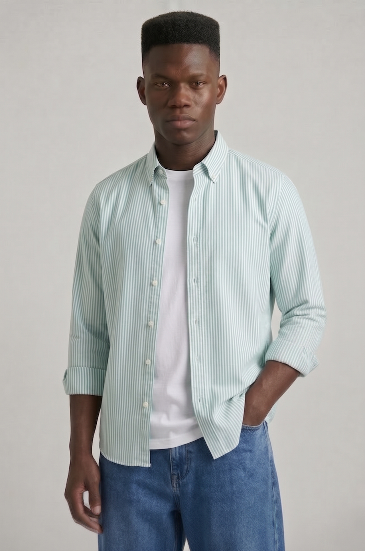 Cool Bee Super Premium Slim Fit Green Striped Oxford Shirt for Men - Striped Premium Oxford Shirt India