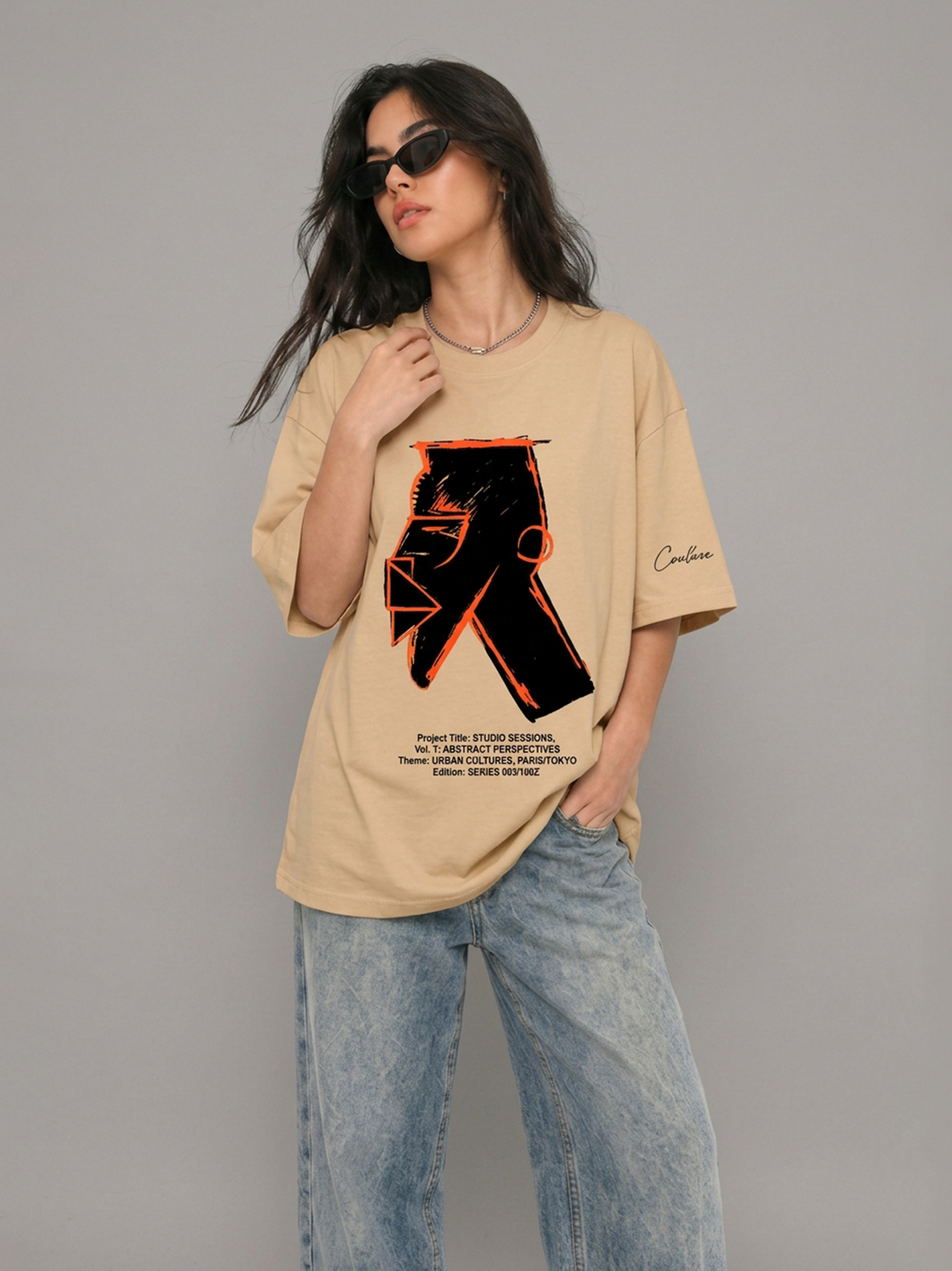 Cool Bee Urban Nomad Tee Beige for Women - Oversized Graphic Tee Streetwear India - Detail View