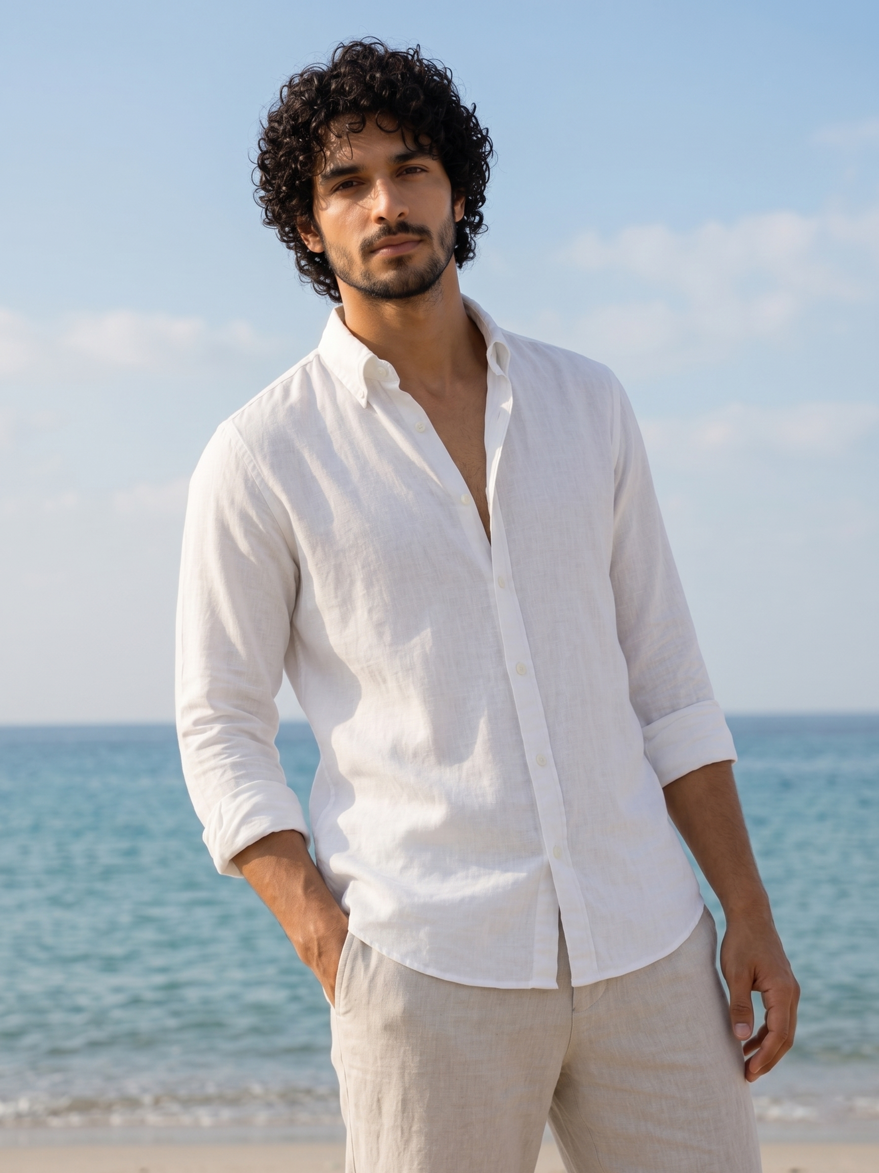Cool Bee Linen Casual Shirt White for Men - White Linen Casual Shirt Breathable India - Detail View