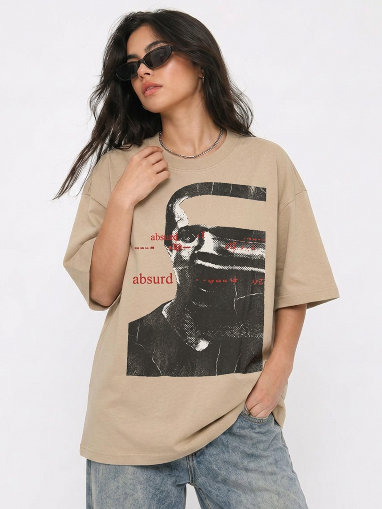 Cool Bee Glitch Portrait Tee Beige for Women - Beige Oversized Graphic Tee Streetwear India