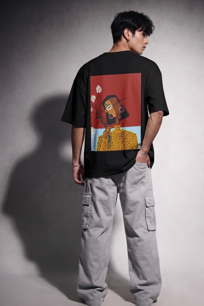 Cool Bee Cubist Bloom Oversize Tee Black for Men - Black Oversized Graphic Tee Streetwear India - Detail View