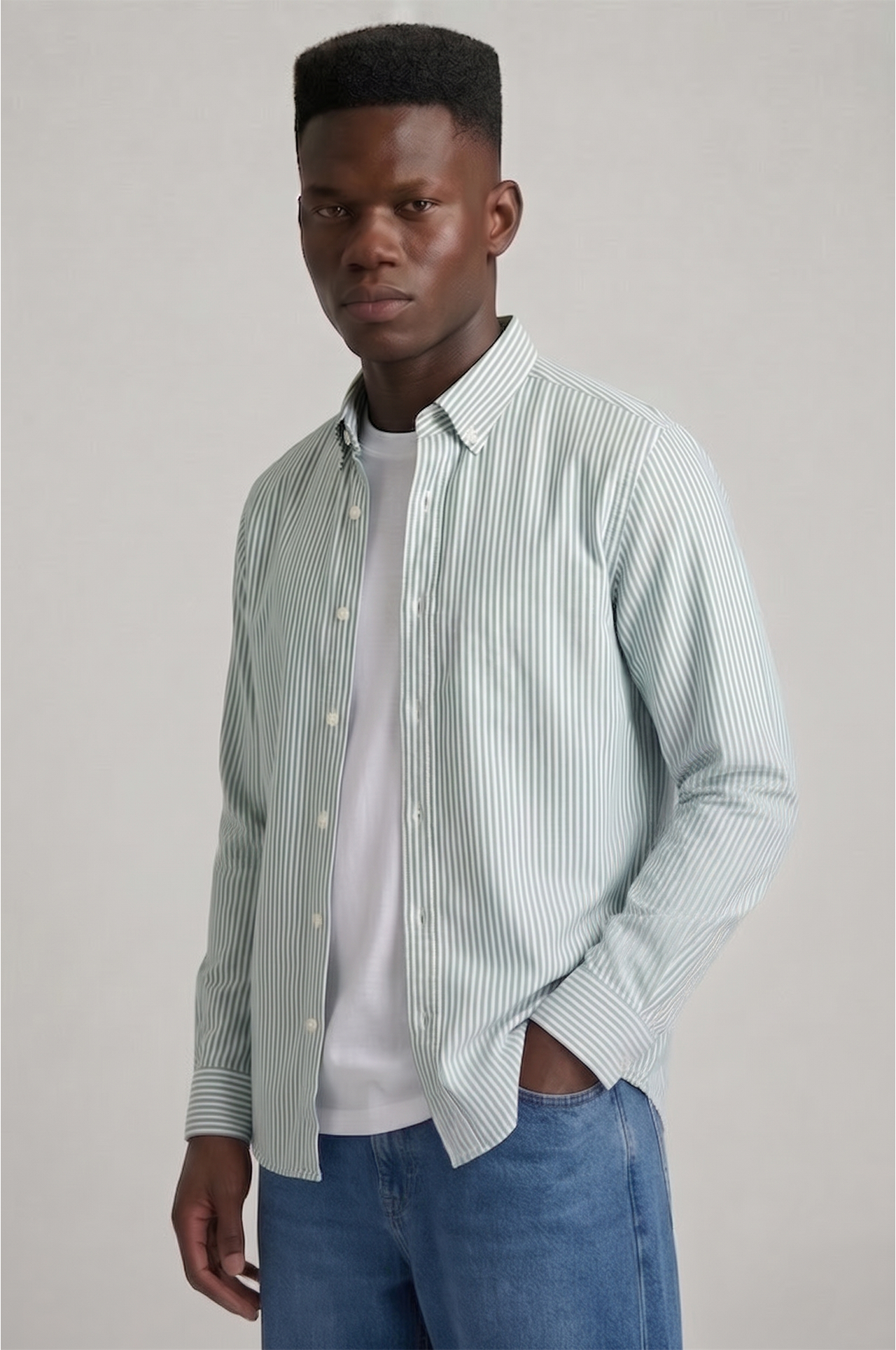 Cool Bee Super Premium Slim Fit Green Striped Oxford Shirt for Men - Striped Premium Oxford Shirt India - Detail View