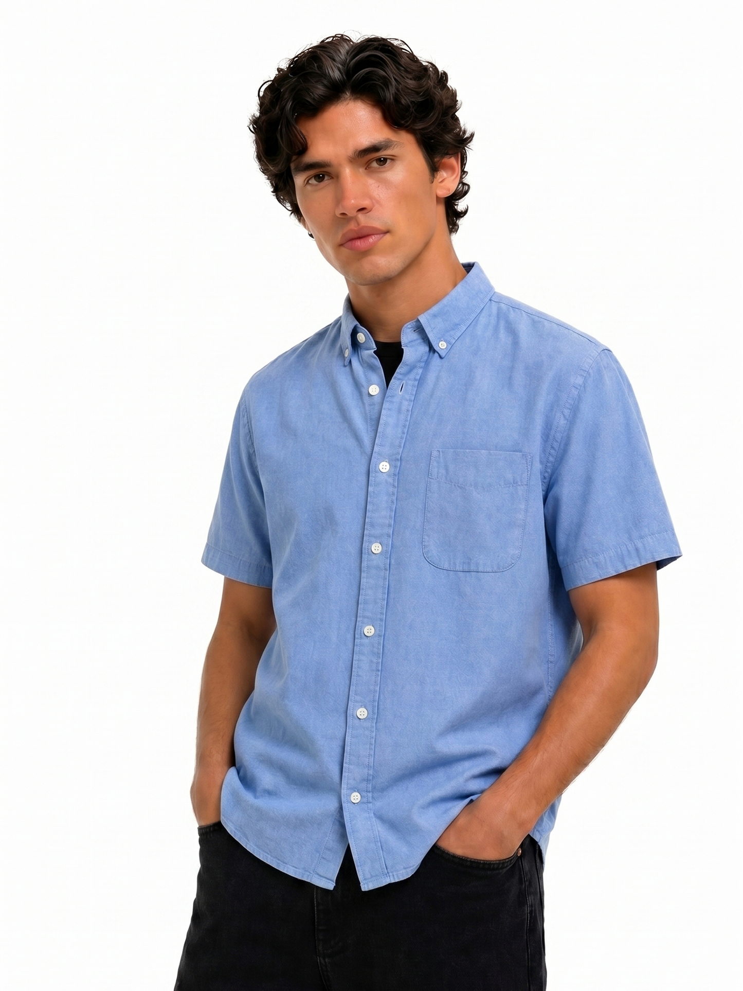 Cool Bee Oxford Casual Half Shirt Light Blue for Men - Blue Premium Half Sleeve Oxford Shirt India - Detail View