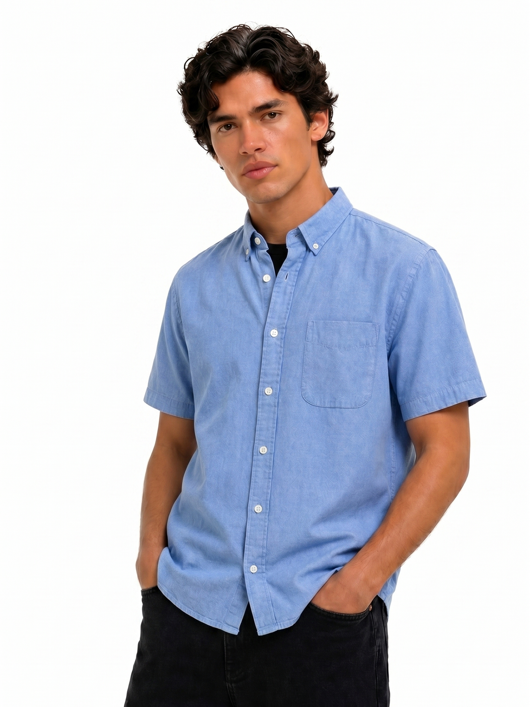 Cool Bee Oxford Casual Half Shirt Light Blue for Men - Blue Premium Half Sleeve Oxford Shirt India - Detail View