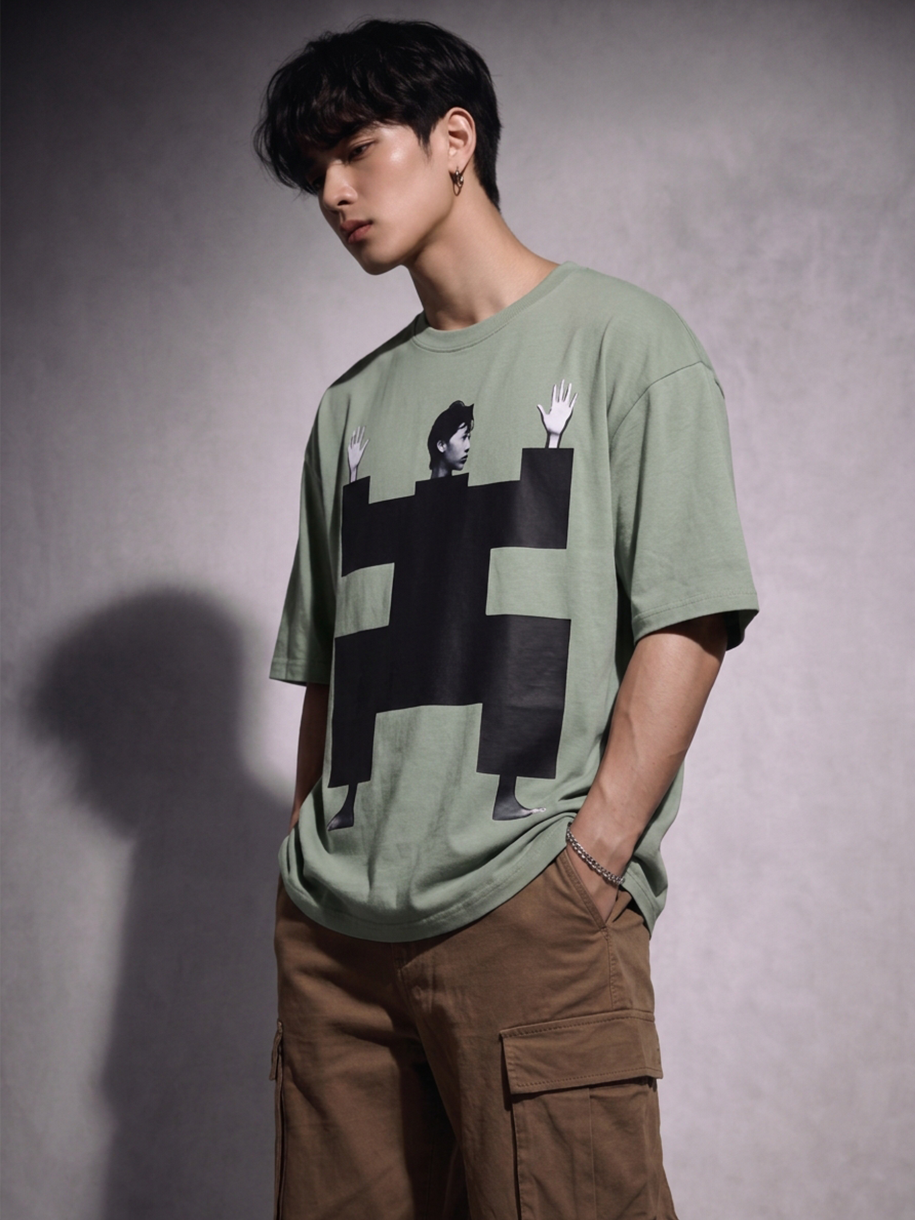 Cool Bee Structural Persona Tee Green for Men - Green Oversized Graphic Tee Streetwear India - Lifestyle View