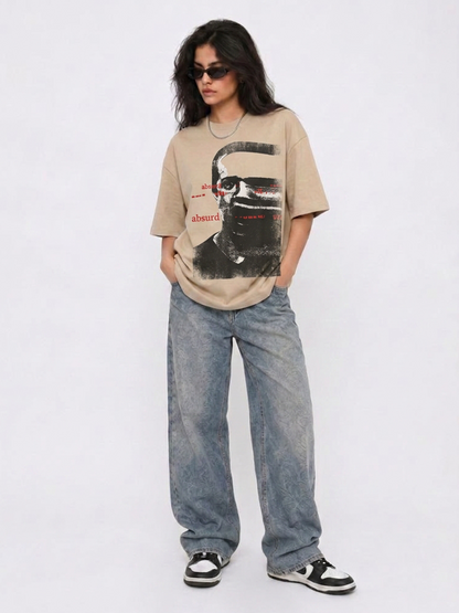 Cool Bee Glitch Portrait Tee Beige for Women - Oversized Graphic Tee Streetwear India - Lifestyle View