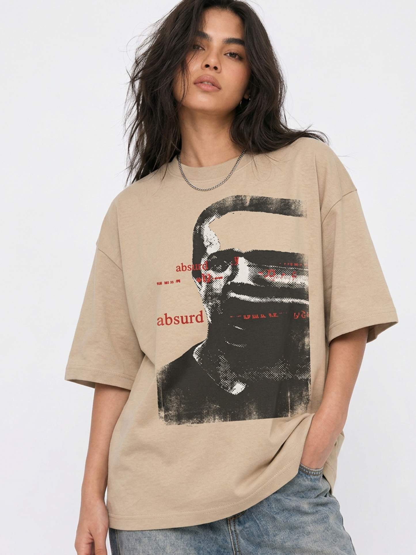 Cool Bee Glitch Portrait Tee Beige for Women - Oversized Graphic Tee Streetwear India - Detail View