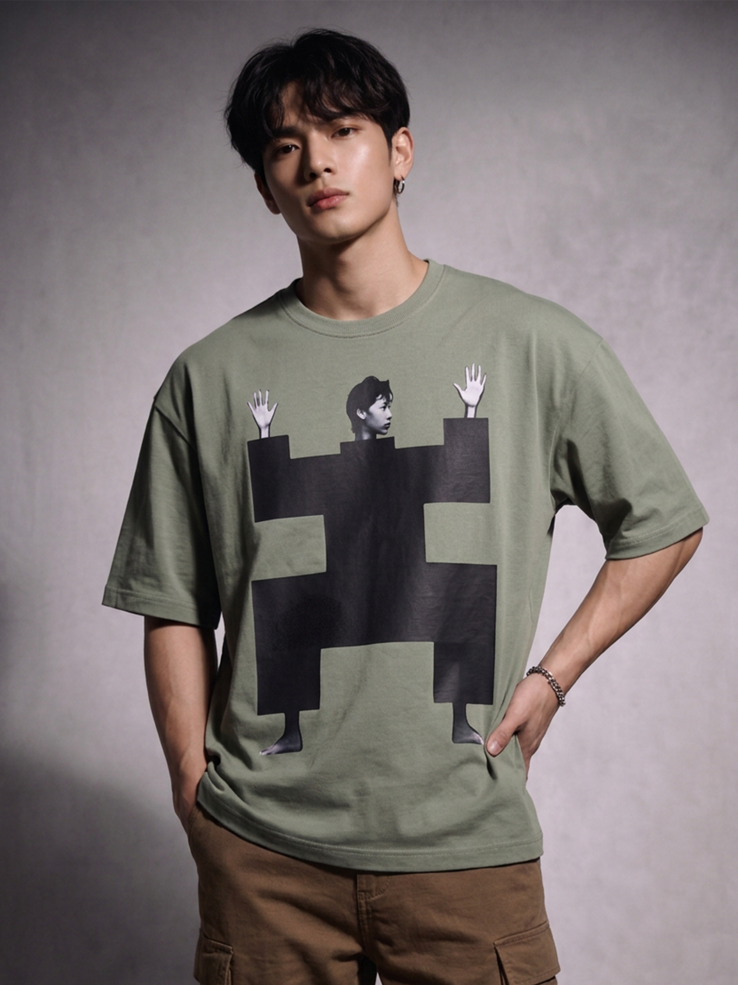 Cool Bee Structural Persona Tee Green for Men - Green Oversized Graphic Tee Streetwear India - Detail View