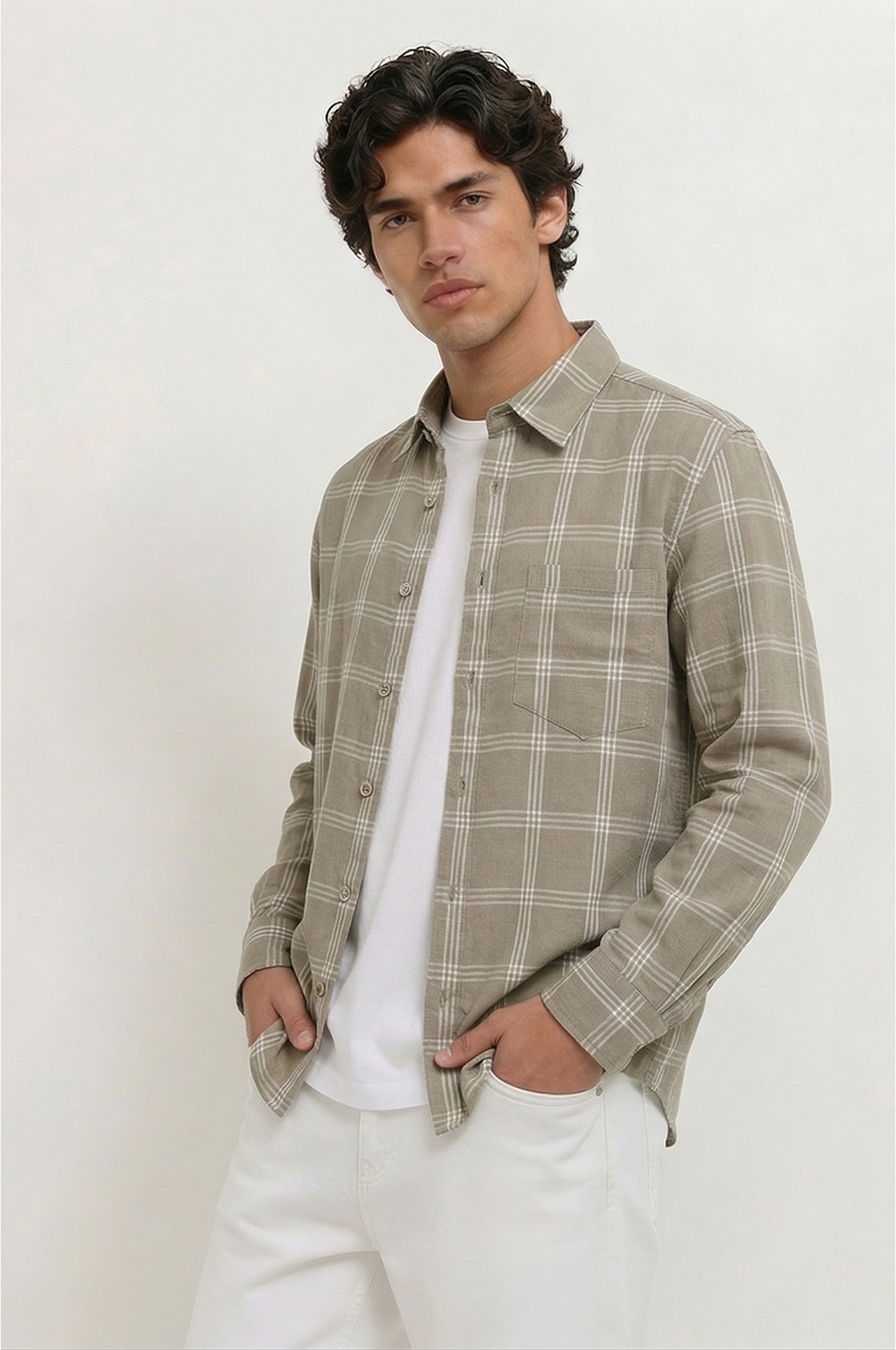Cool Bee Olive Drab Windowpane Check Shirt for Men - Windowpane Check Casual Shirt India - Detail View