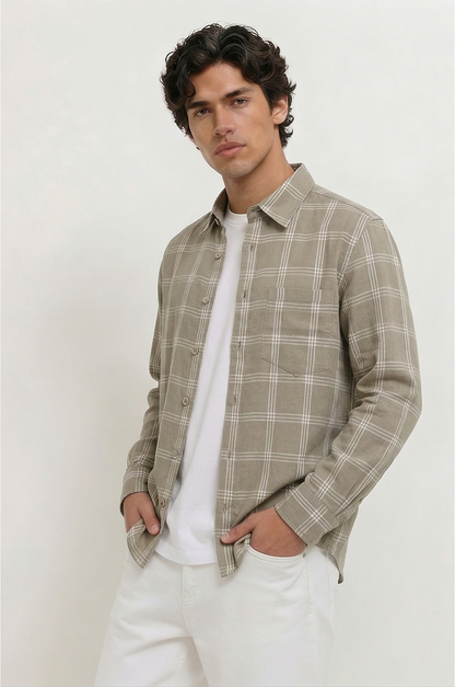 Cool Bee Olive Drab Windowpane Check Shirt for Men - Windowpane Check Casual Shirt India - Detail View