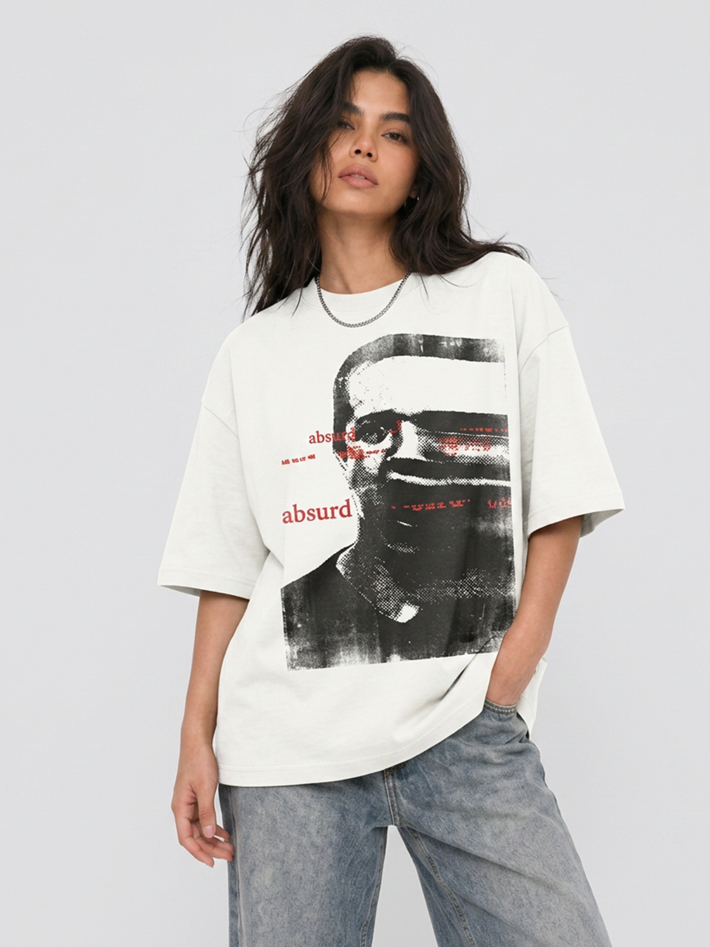 Cool Bee Glitch Portrait Tee White for Women - Oversized Graphic Tee Streetwear India - Lifestyle View