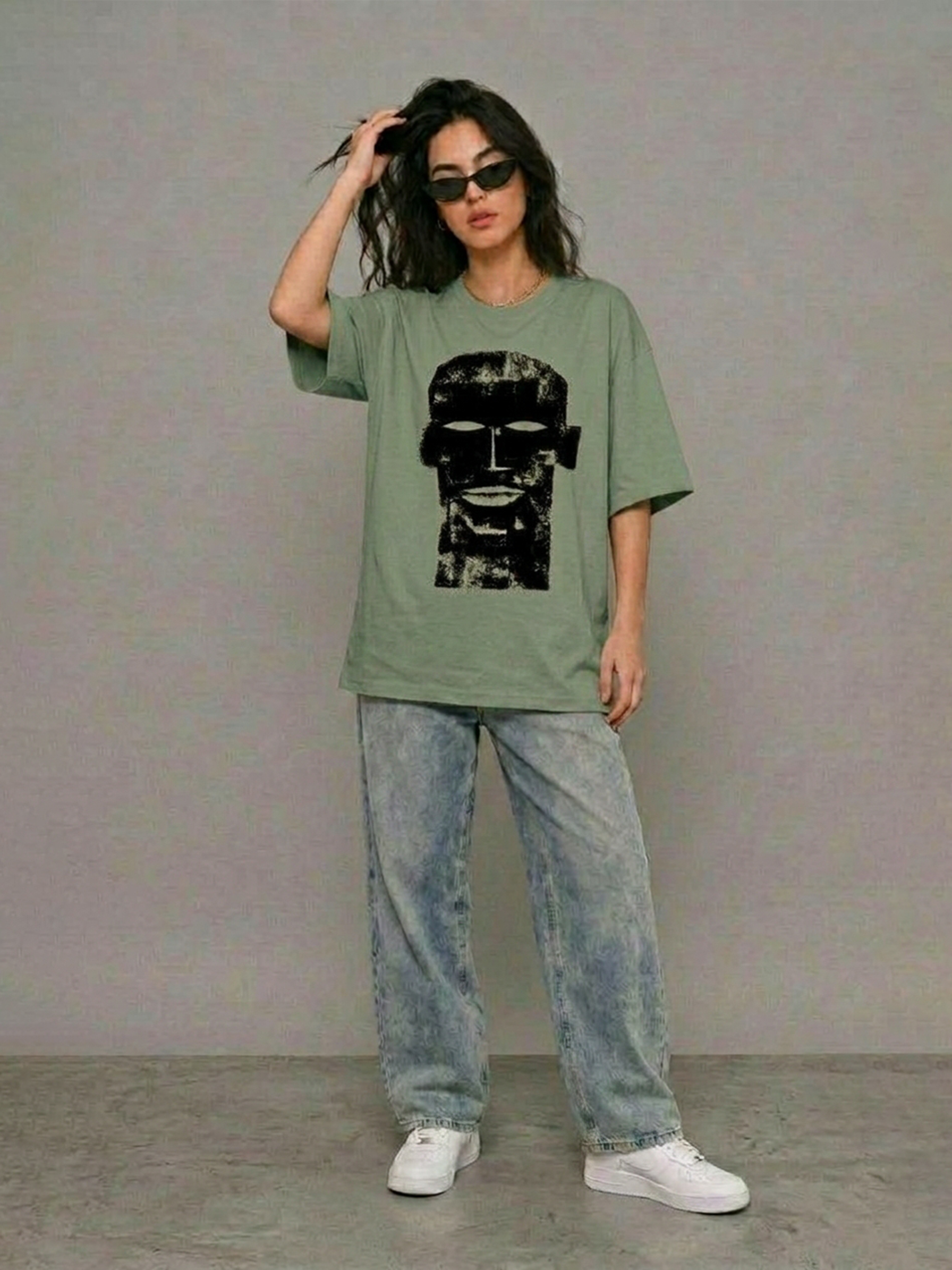 Cool Bee The Totem Tee Green for Women - Oversized Graphic Tee Streetwear India - Detail View