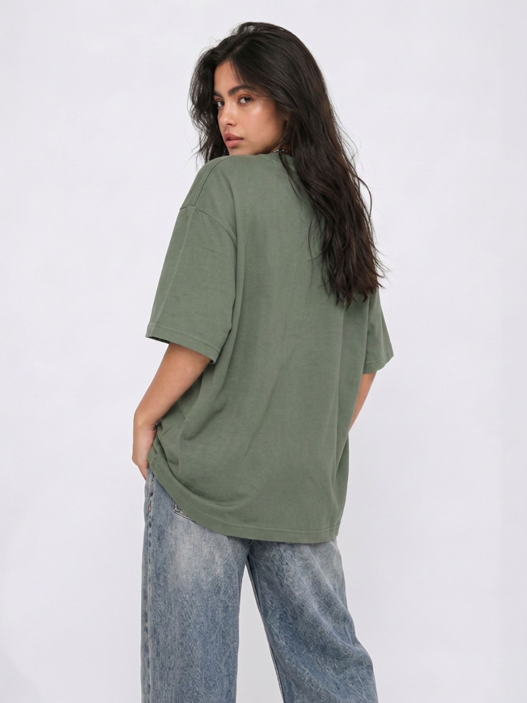 Cool Bee Glitch Portrait Tee Green for Women - Oversized Graphic Tee Streetwear India - Lifestyle View