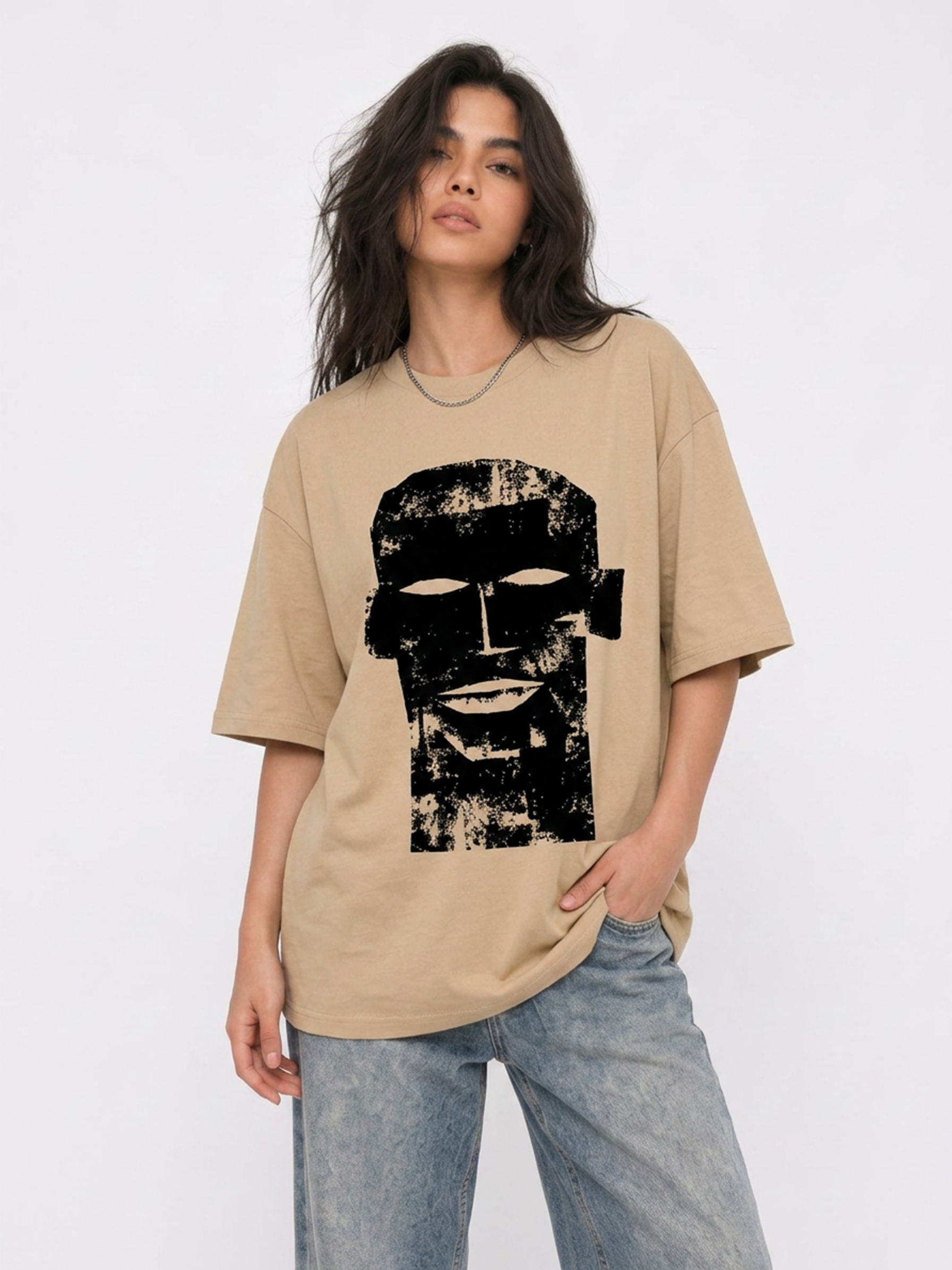 Cool Bee The Totem Tee Beige for Women - Oversized Graphic Tee Streetwear India - Lifestyle View