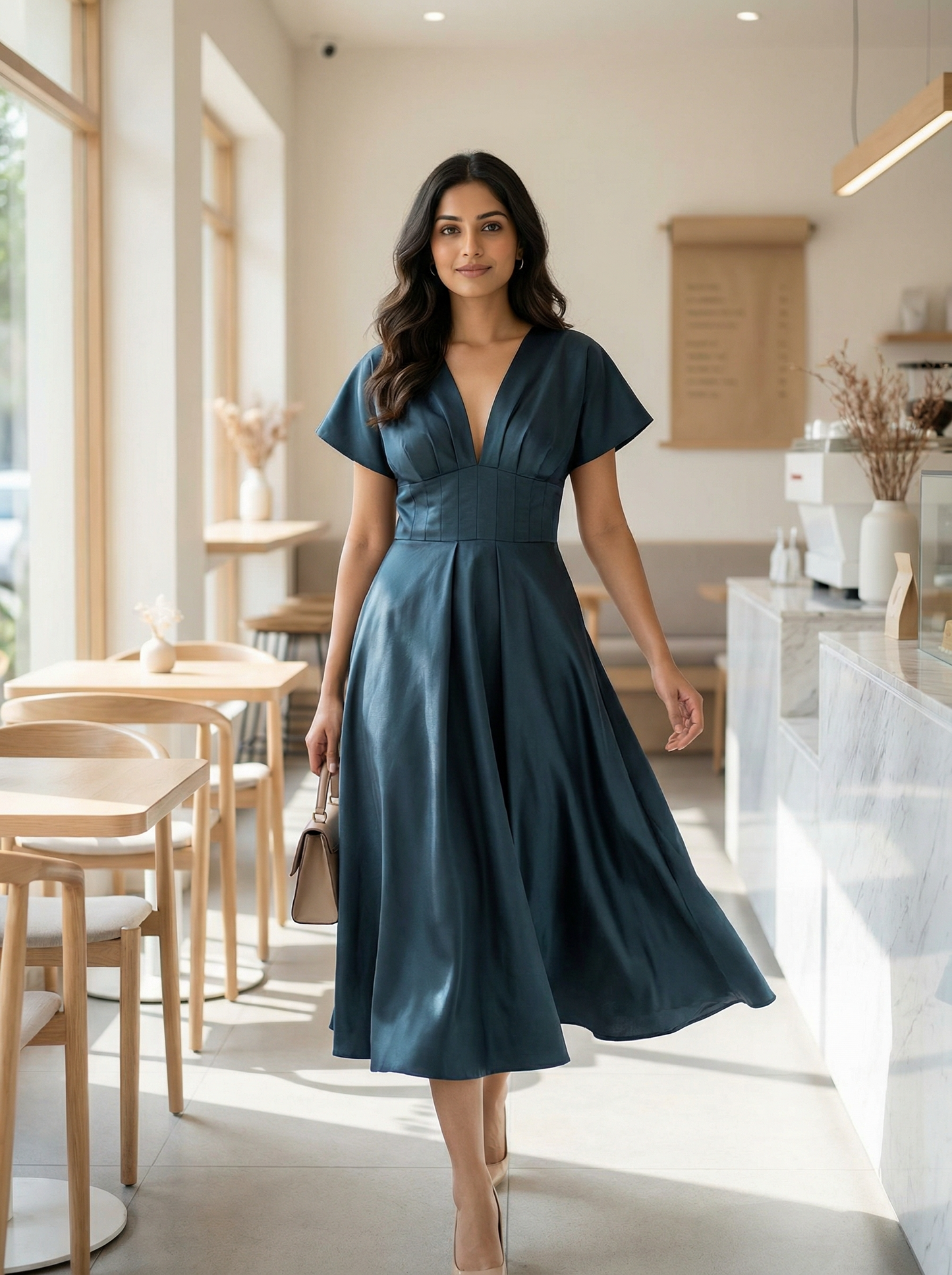 Seraphina Sculpted Midi Dress in Midnight Navy | Cool Bee