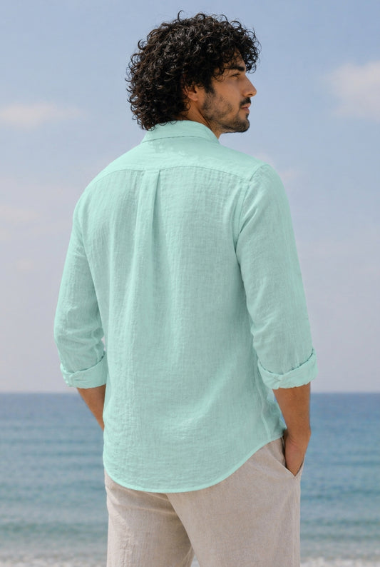 Cool Bee Linen Casual Shirt Mint Green for Men - Mint Green Linen Casual Shirt Breathable India - Back View