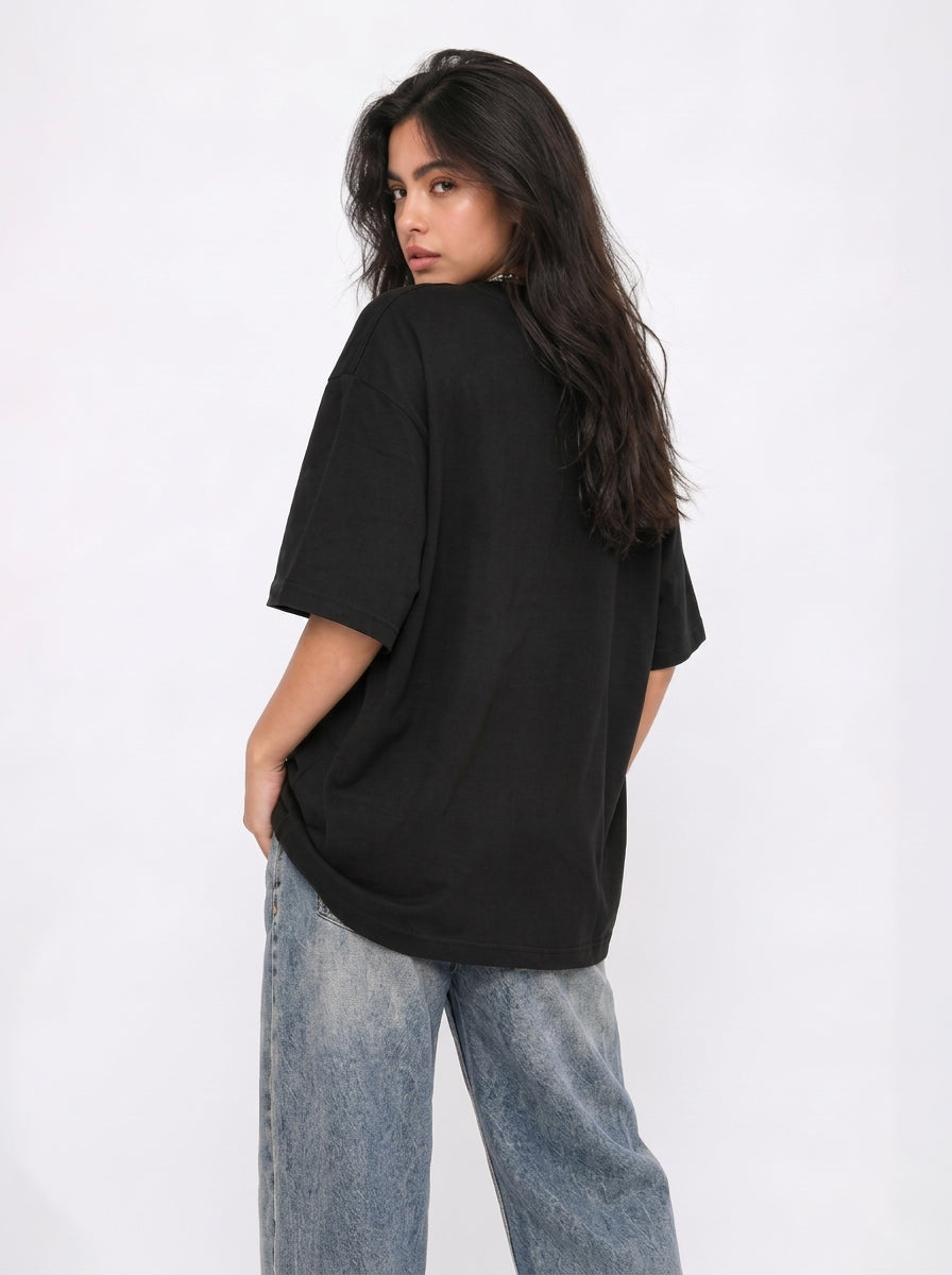 Cool Bee Mind Garden Tee Black for Women - Black Oversized Graphic Tee Streetwear India - Detail View