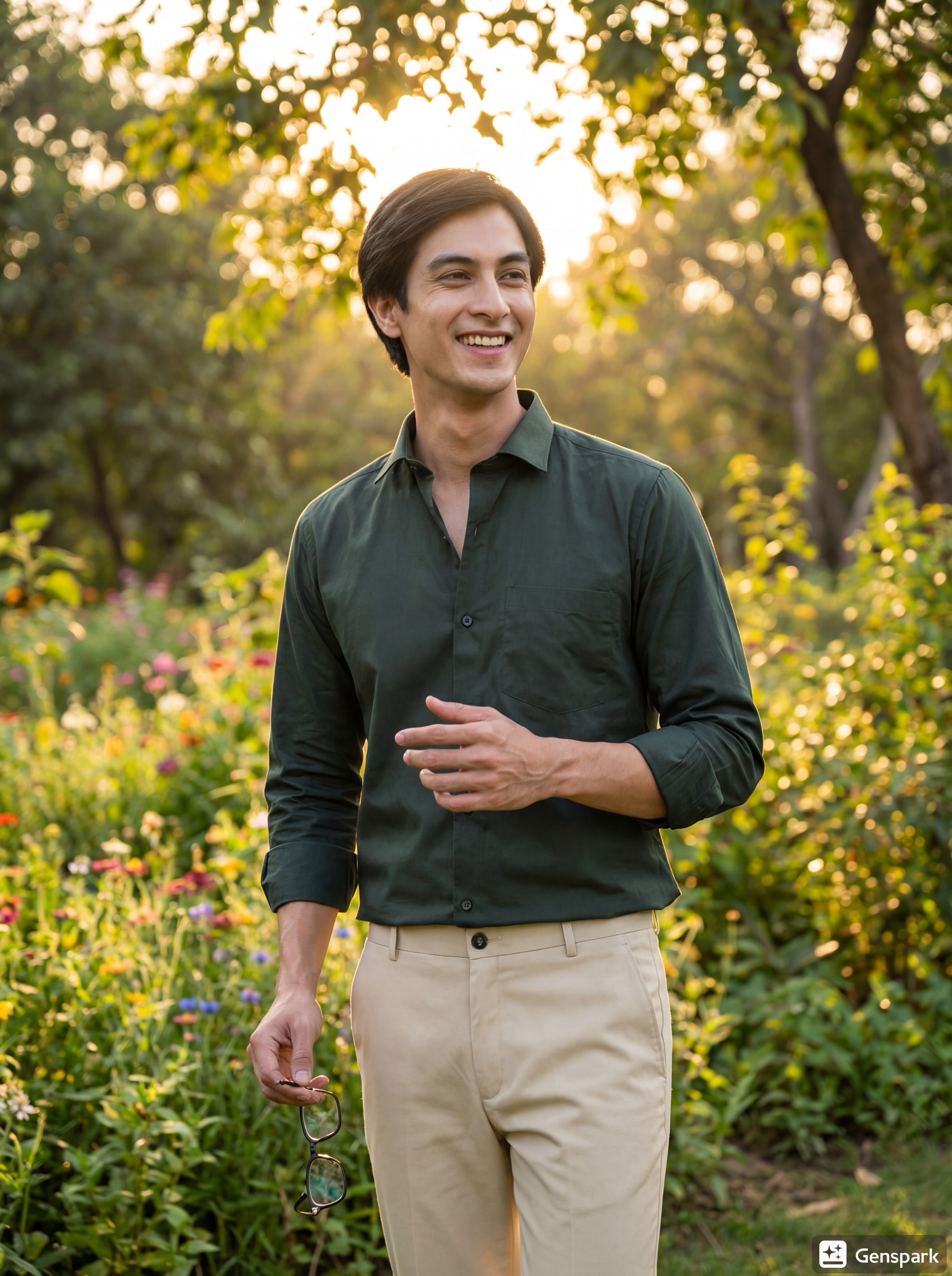 Man standing in a field of flowers and trees, wearing a green shirt and beige pants. www.coolbeestore.com