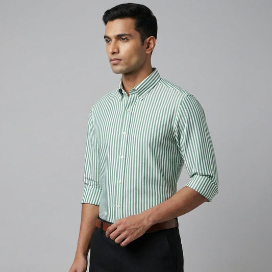 Super Premium Slim Fit Green Striped Oxford Shirt