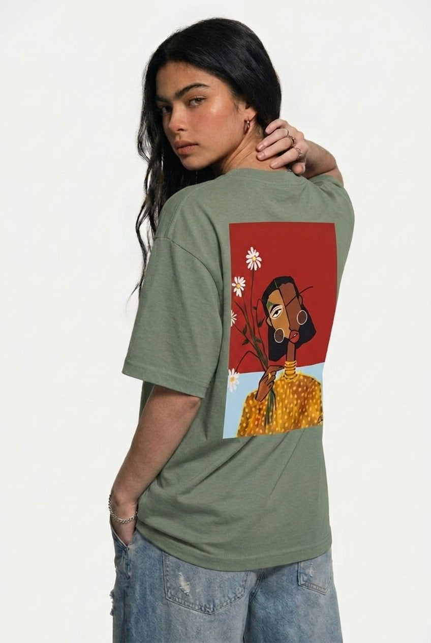 Cool Bee Cubist Bloom Oversize Tee Green for Women - Green Oversized Graphic Tee Streetwear India