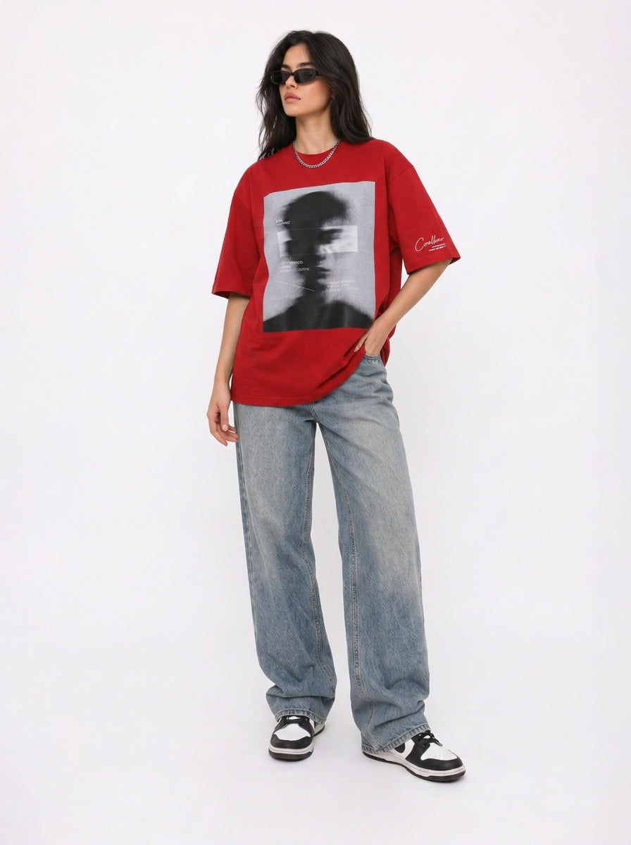 Cool Bee Blurred Vision Tee Red for Women - Oversized Graphic Tee Streetwear India - Lifestyle View