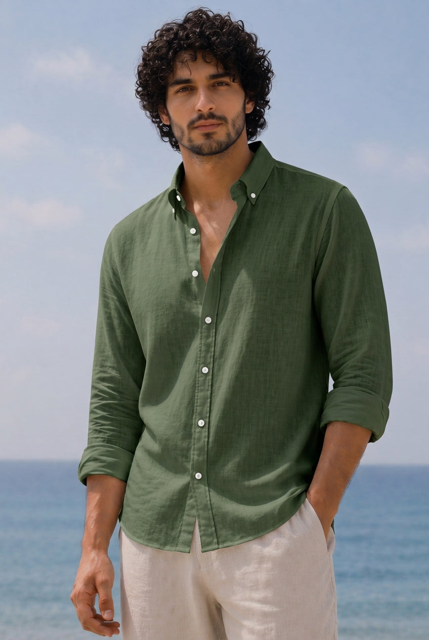 Cool Bee Linen Casual Shirt Dark Green for Men - Dark Green Linen Casual Shirt Breathable India
