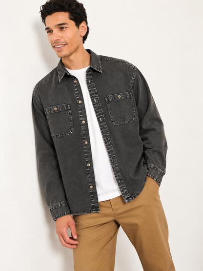 Cool Bee Urban Charcoal Denim Overshirt – side angle, charcoal overshirt worn open over white tee