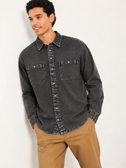 Cool Bee Urban Charcoal Denim Overshirt – three-quarter view, buttoned charcoal denim with flap chest pockets