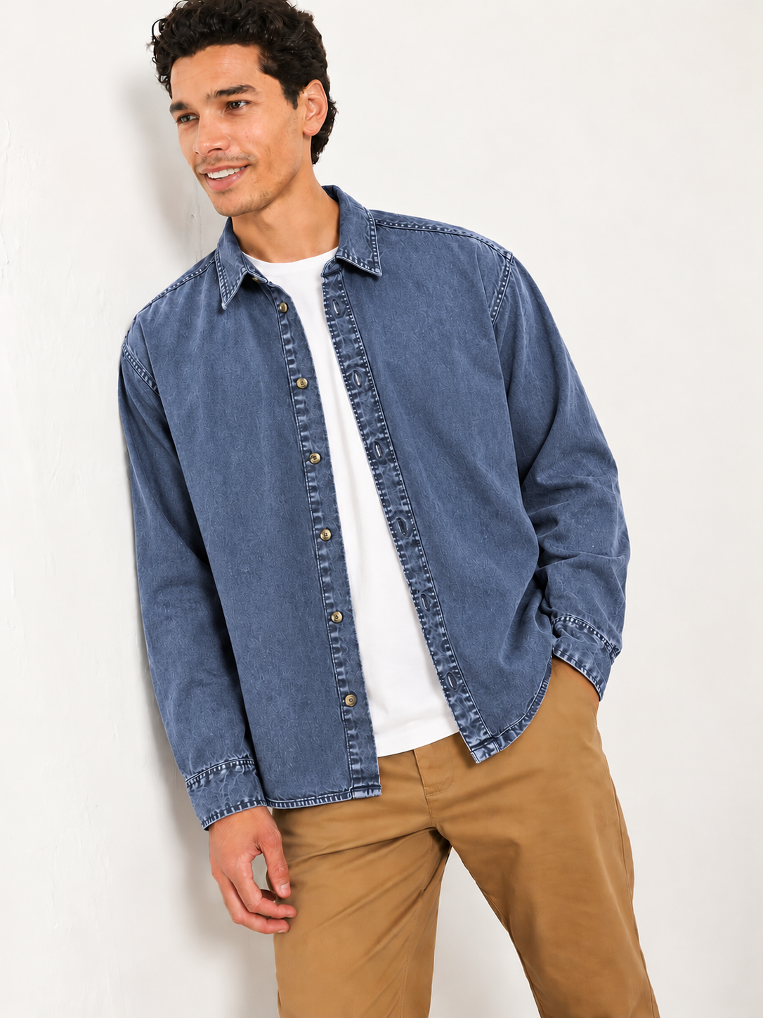 Cool Bee Midnight Blue Heritage Denim Shirt – relaxed fit, midnight blue shirt open over white tee, hand in pocket