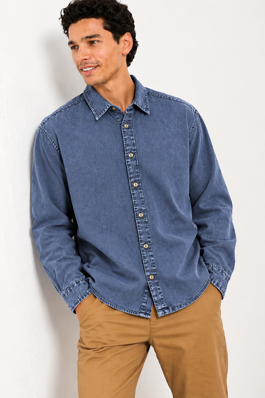 Cool Bee Midnight Blue Heritage Denim Shirt – three-quarter view, buttoned midnight blue washed denim shirt