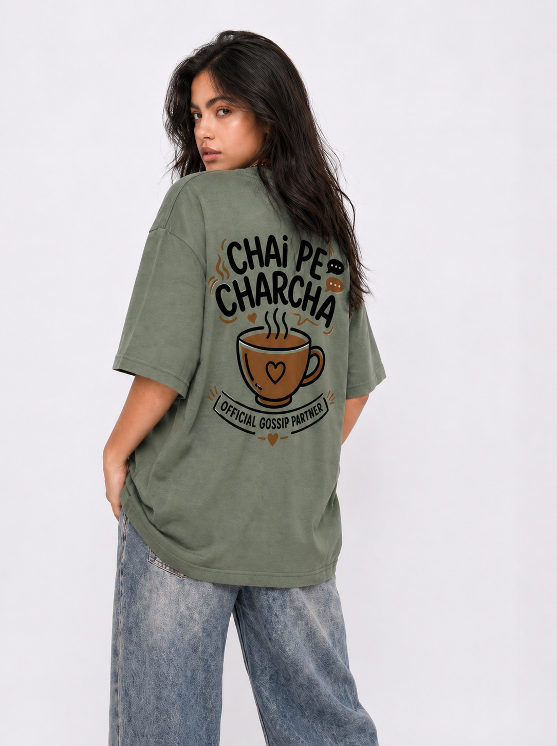 Cool Bee Gossip Drop Tee Green for Women - Green Oversized Graphic Tee Streetwear India - Detail View