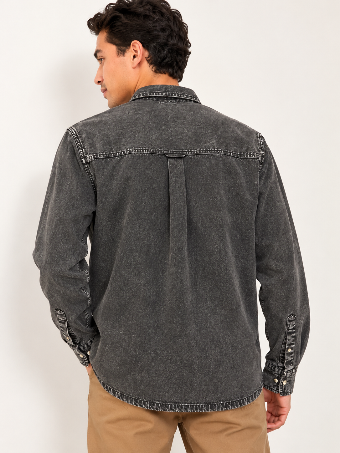 Cool Bee Urban Charcoal Denim Overshirt – back view showing box pleat and curved hem