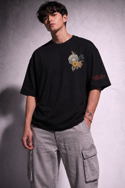 Cool Bee The Rose & Bird Tee Black for Men - Oversized Graphic Tee Streetwear India - Lifestyle View