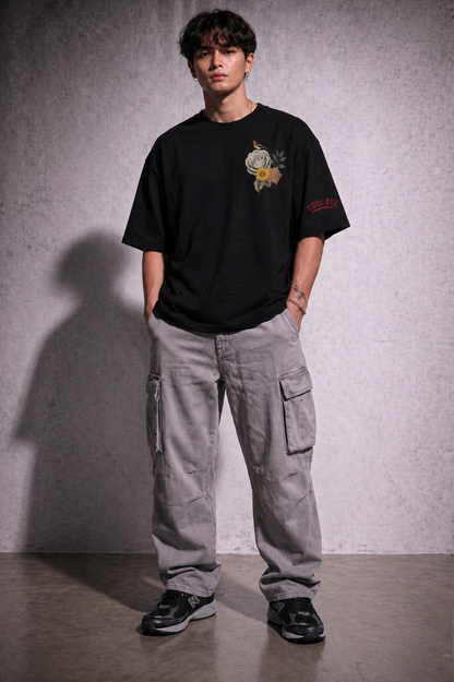 Cool Bee The Rose & Bird Tee Black for Men - Oversized Graphic Tee Streetwear India - Detail View