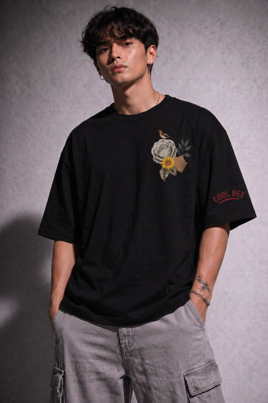Cool Bee The Rose & Bird Tee Black for Men - Oversized Graphic Tee Streetwear India - Back View