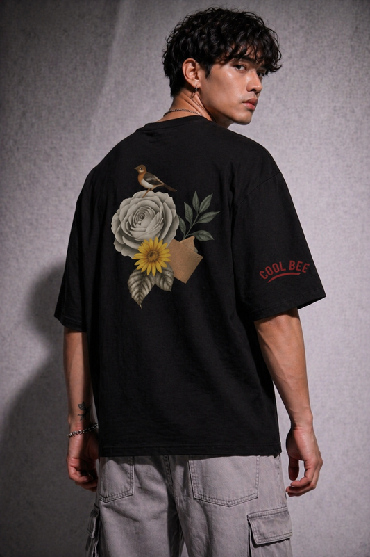 Cool Bee The Rose and Bird Tee Black for Men - Black Oversized Graphic Tee Streetwear India