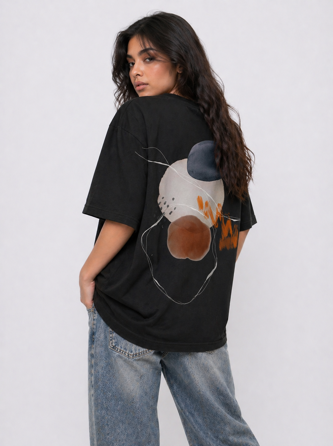 Cool Bee Abstract Echo Tee Black for Women - Oversized Graphic Tee Streetwear India - Back View