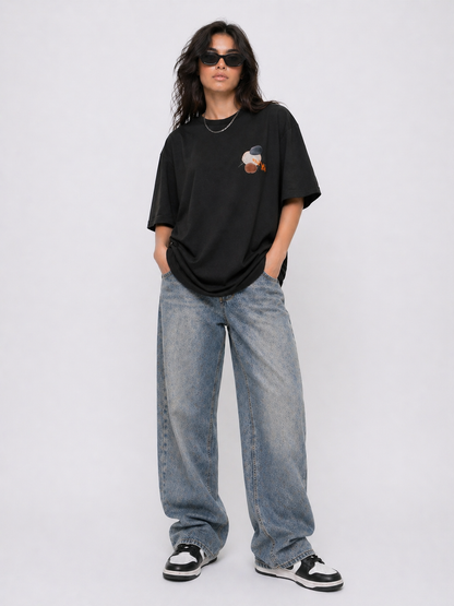 Cool Bee Abstract Echo Tee Black for Women - Oversized Graphic Tee Streetwear India - Detail View