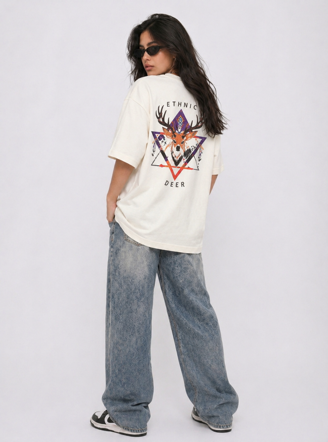 Cool Bee Ethnic Buck Tee White for Women - White Oversized Graphic Tee Streetwear India - Back View