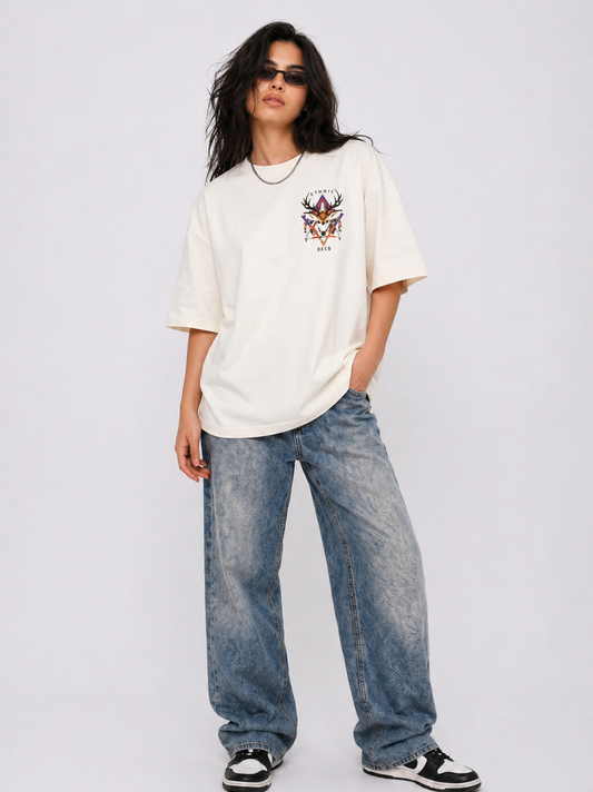 Cool Bee Ethnic Buck Tee White for Women - White Oversized Graphic Tee Streetwear India