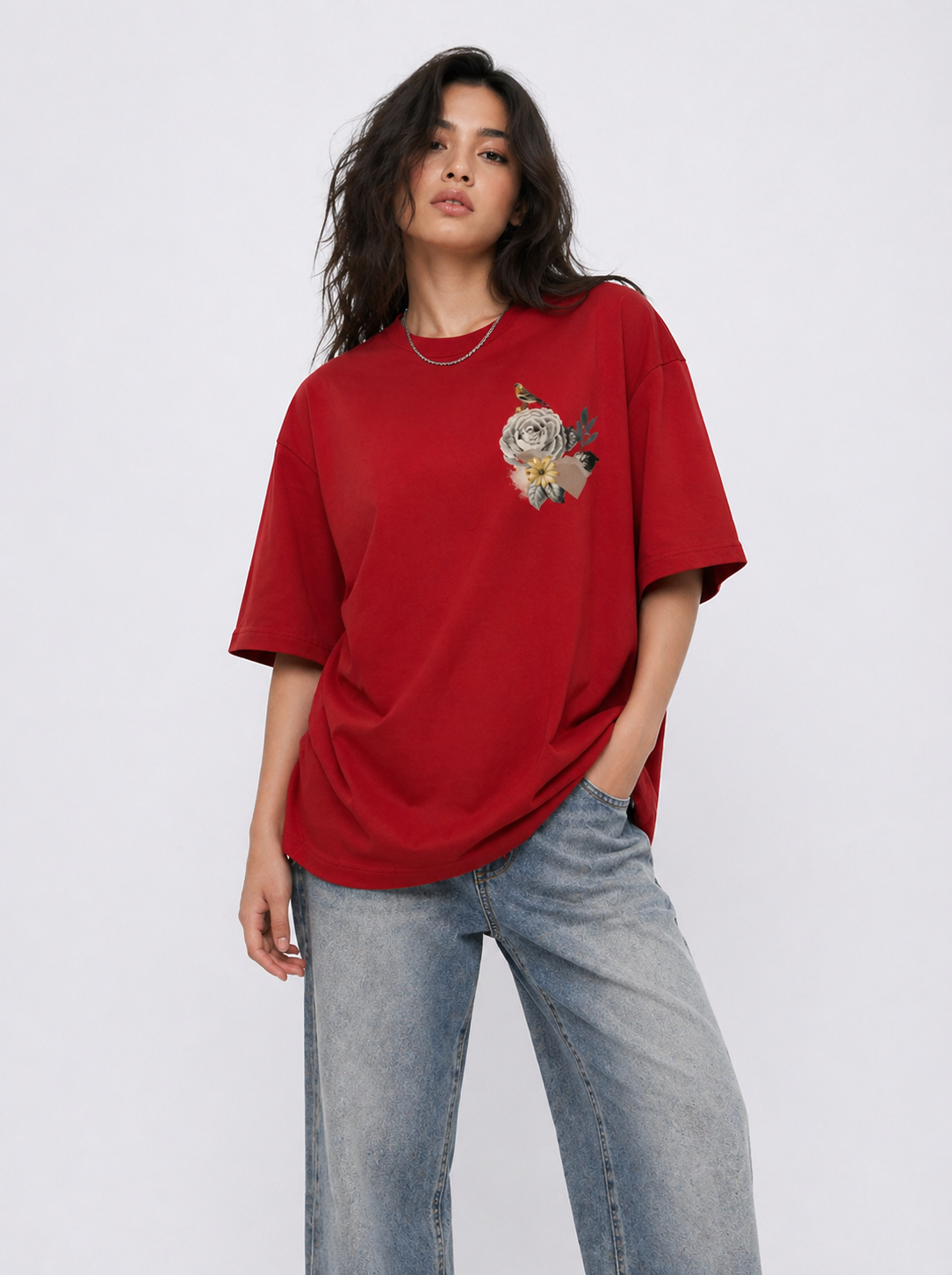 Cool Bee Red Minimalist Black Red for Women - Oversized Graphic Tee Streetwear India - Lifestyle View
