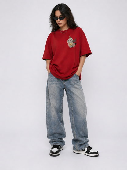 Cool Bee Red Minimalist Black Red for Women - Oversized Graphic Tee Streetwear India - Detail View