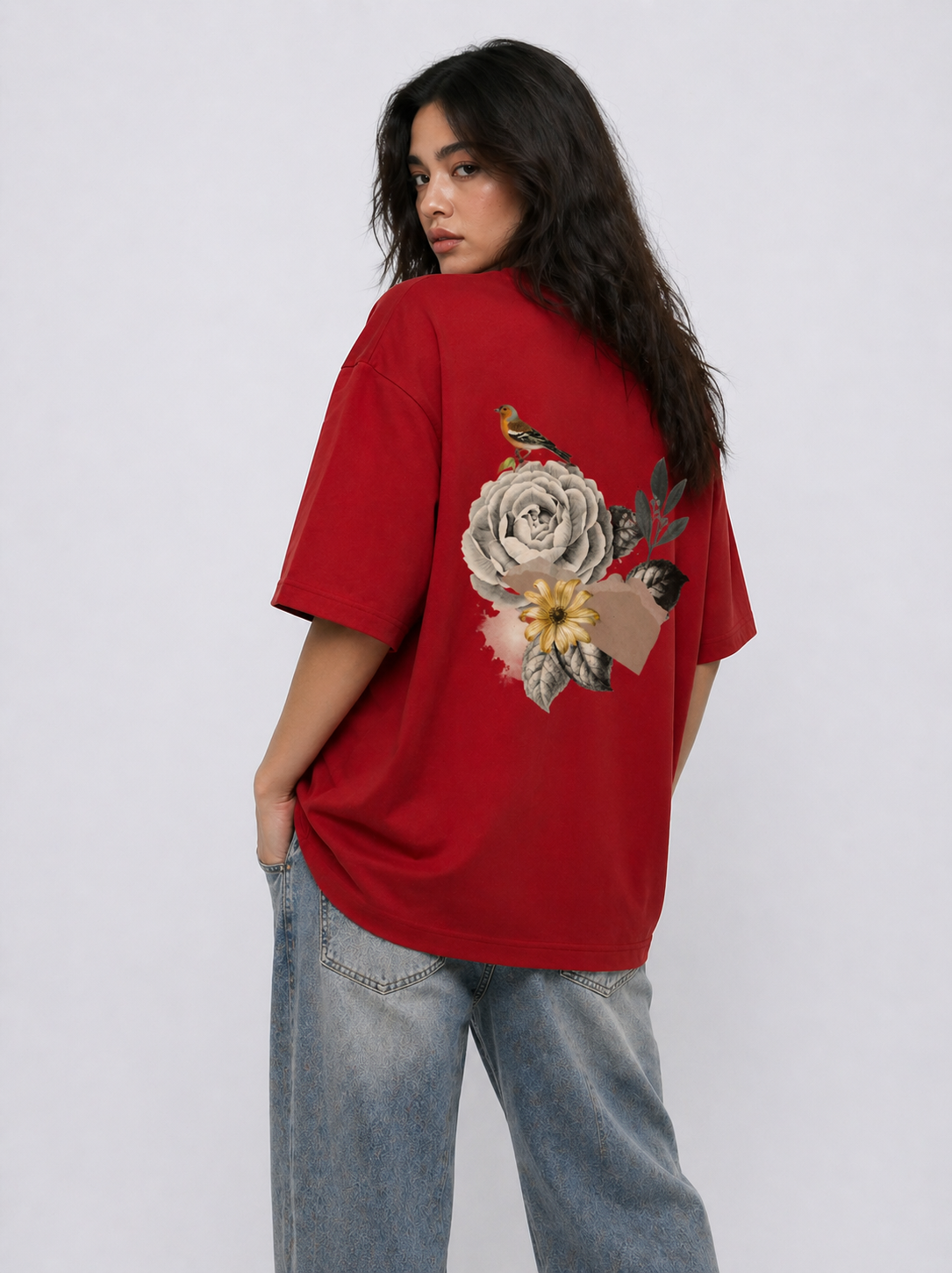 Cool Bee Red Minimalist Black Red for Women - Oversized Graphic Tee Streetwear India - Back View