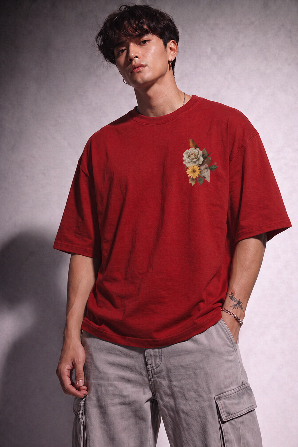 Cool Bee Red Minimalist Black Red for Men - Oversized Graphic Tee Streetwear India - Lifestyle View