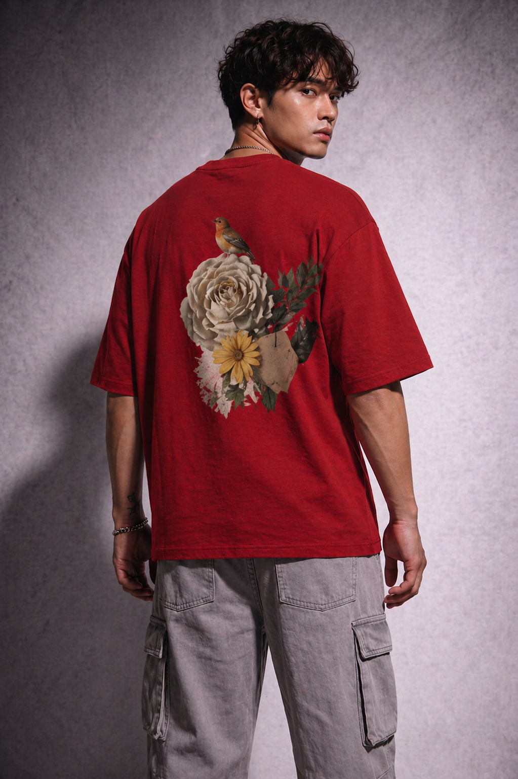 Cool Bee Red Minimalist Black Red for Men - Oversized Graphic Tee Streetwear India - Back View