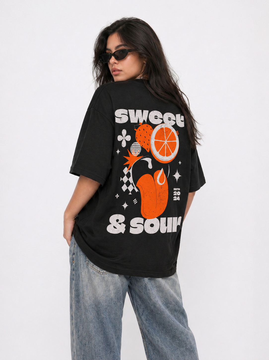 Cool Bee Sweet-Sour Tee Black for Women - Oversized Graphic Tee Streetwear India - Back View