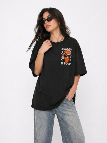 Cool Bee Sweet-Sour Tee Black for Women - Oversized Graphic Tee Streetwear India - Detail View
