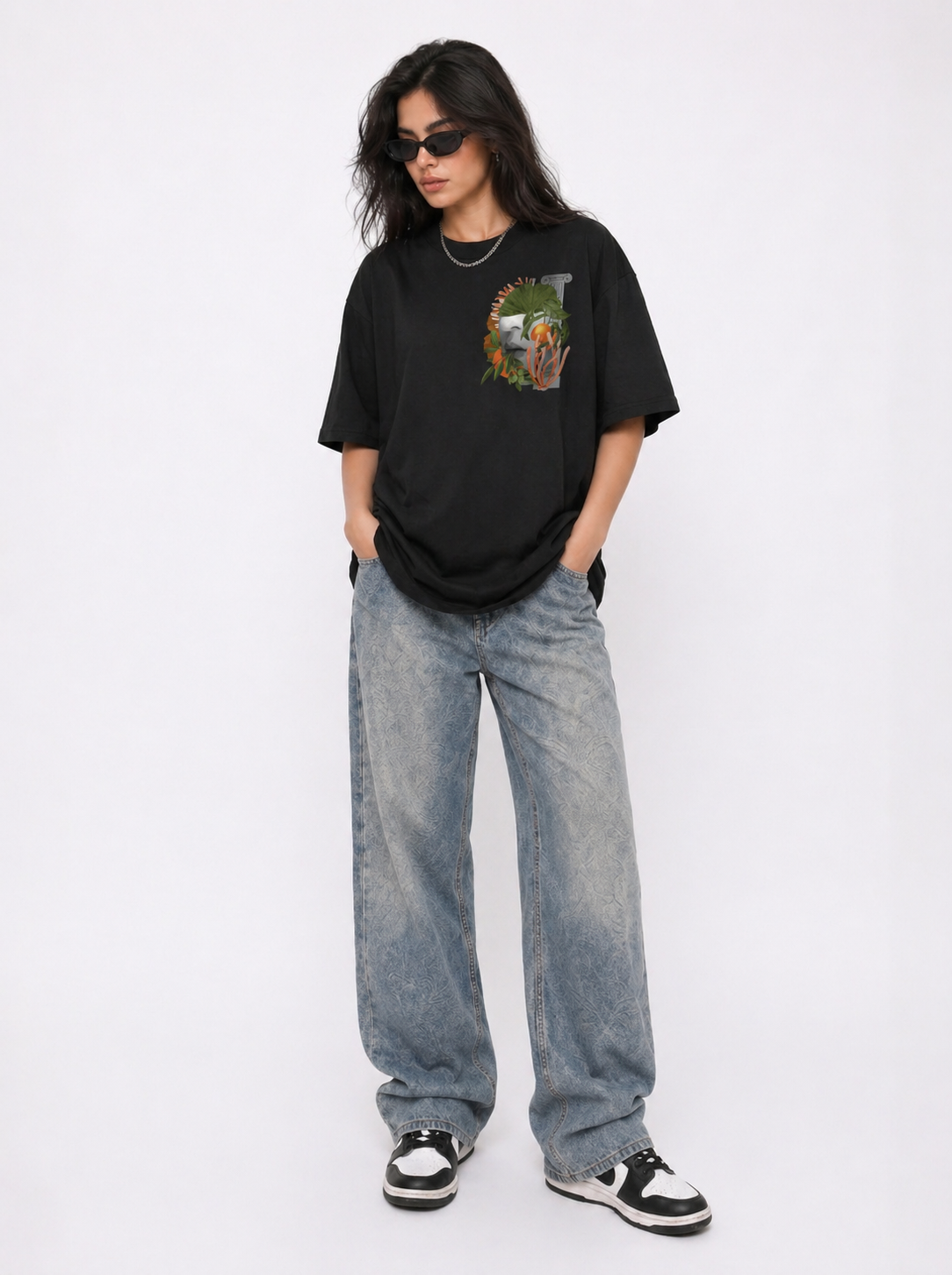 Cool Bee Neo-Classical Bloom Tee Black for Women - Oversized Graphic Tee Streetwear India - Lifestyle View