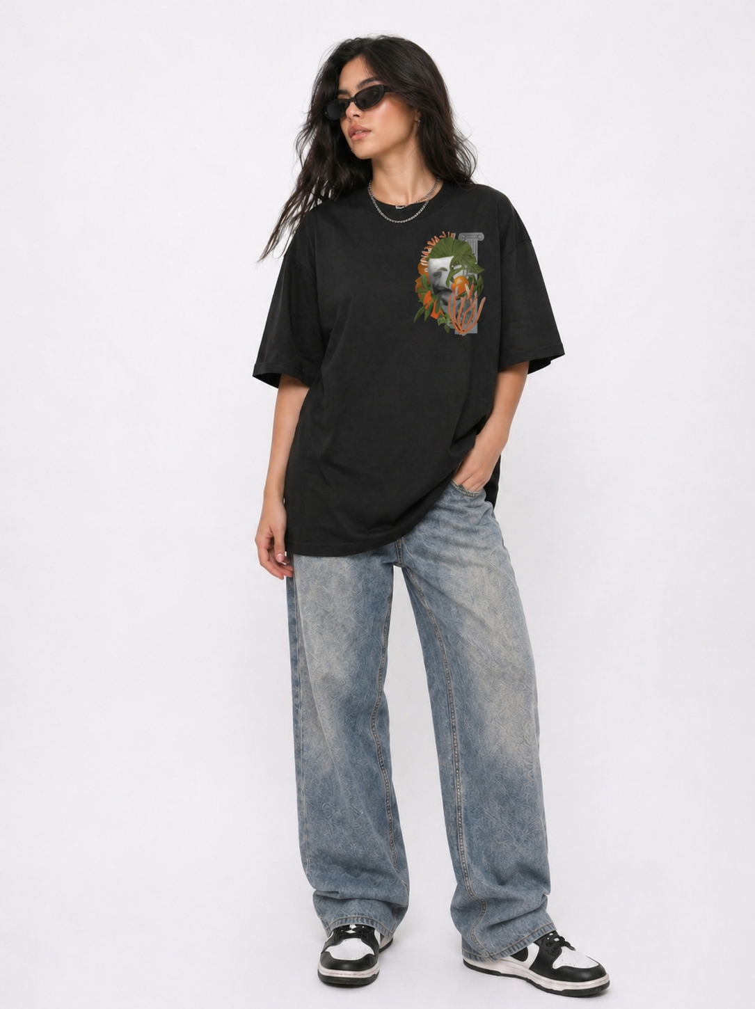 Cool Bee Neo-Classical Bloom Tee Black for Women - Oversized Graphic Tee Streetwear India - Detail View